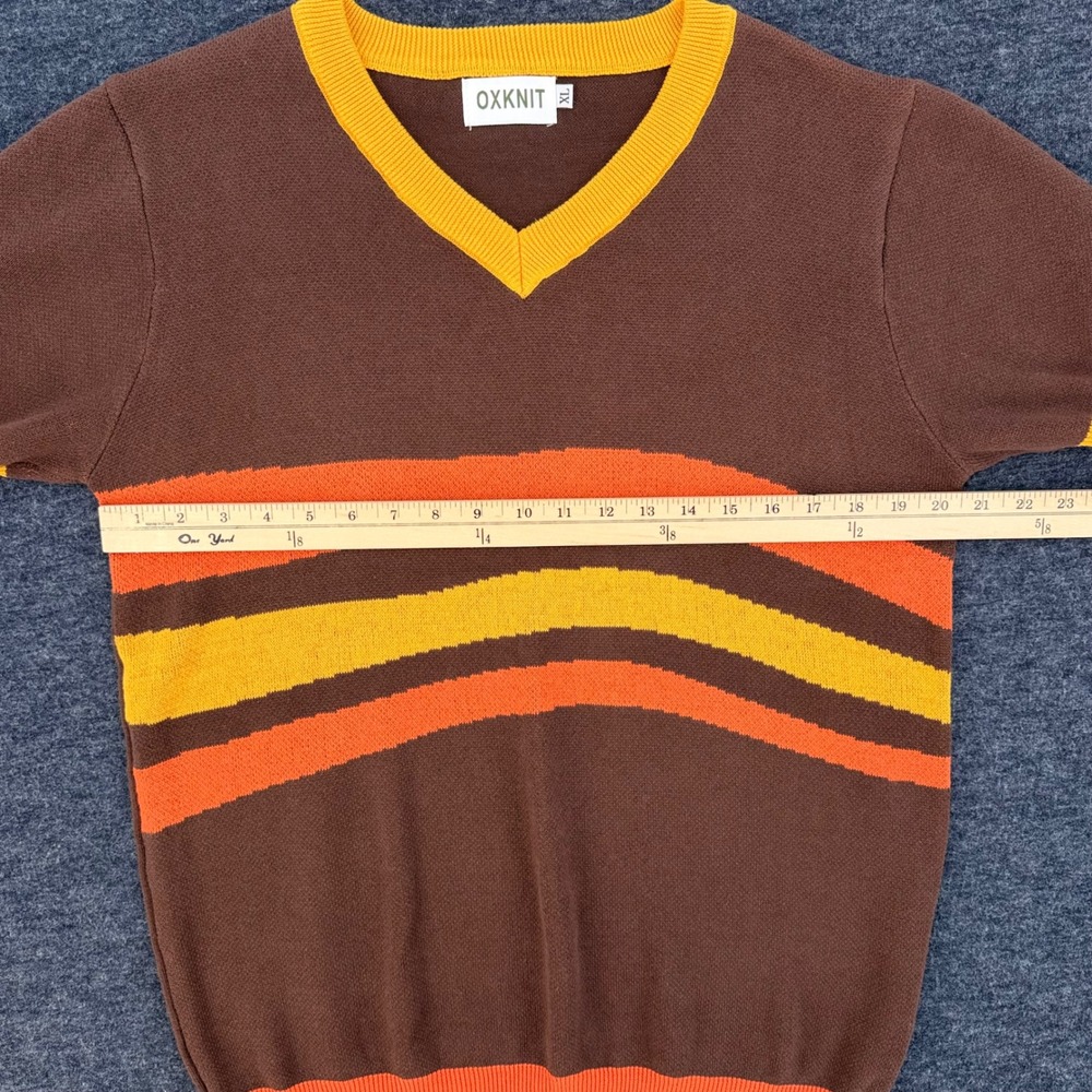 OXKNIT Short Sleeve Sweater Mens XL Brown Orange Stripe Retro Excellent - Picture 7 of 8
